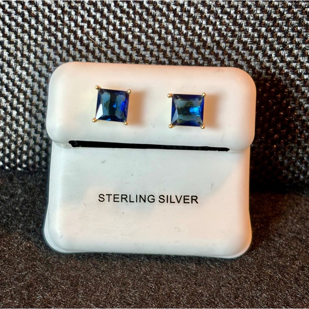 Sterling Silver Blue Princess Cut Stud Earrings Gold Tone Square 8mm